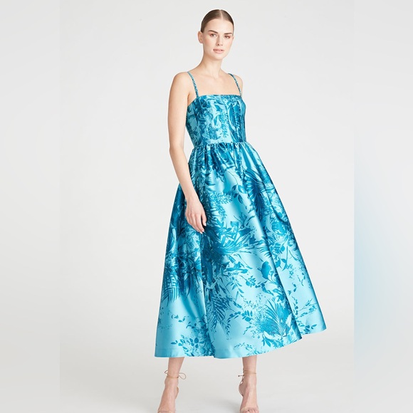 Monique Lhuillier Dresses & Skirts - Monique Lhuillier Aqua Mikado Floral Print Midi Dress with Pockets NWT Size 16